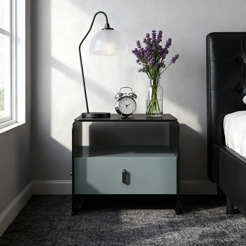 Clear Texture Nightstand - Transparent Tempered Glass Bedside Table 1-Drawer For Bedroom & Living Room