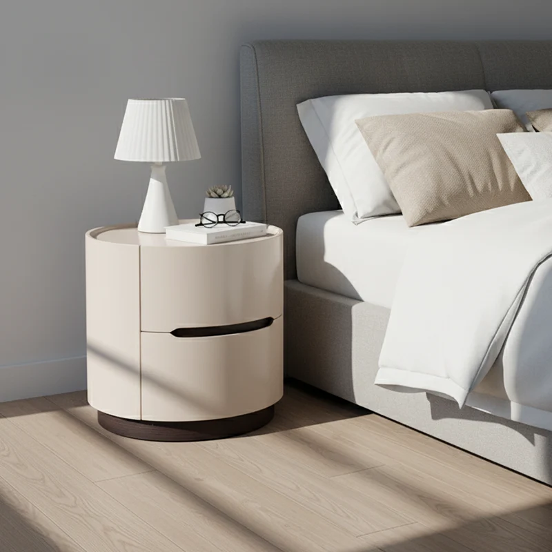 Round Anti-Collision Rotatable Nightstand - Luxury Design Practical Storage Board Side Table 2-Drawer For Bedroom