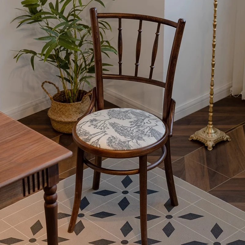 Traditional Vintage Round Cushion Beech Wood Cotton Linen Sponge Dining Chair Backrest For Dining Room