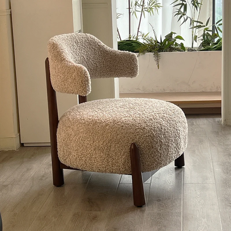 Contemporary Scandinavian Sherpa Fabric Ash Wood Sponge Curved Accent Chair Backrest Armless For Living Room