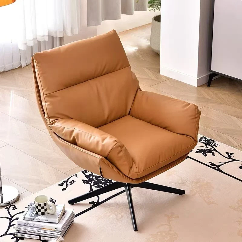 Modern Minimalist Curved Faux Leather Iron Sponge Swivel Accent Chair Backrest Armrest For Living Room