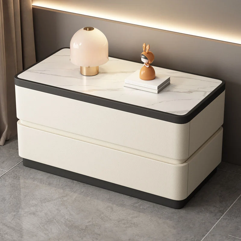 Modern Minimalist Rectangular Stone Slab Solid Wood Cat's Paw Leather Nightstand 2- Drawer For Bedroom
