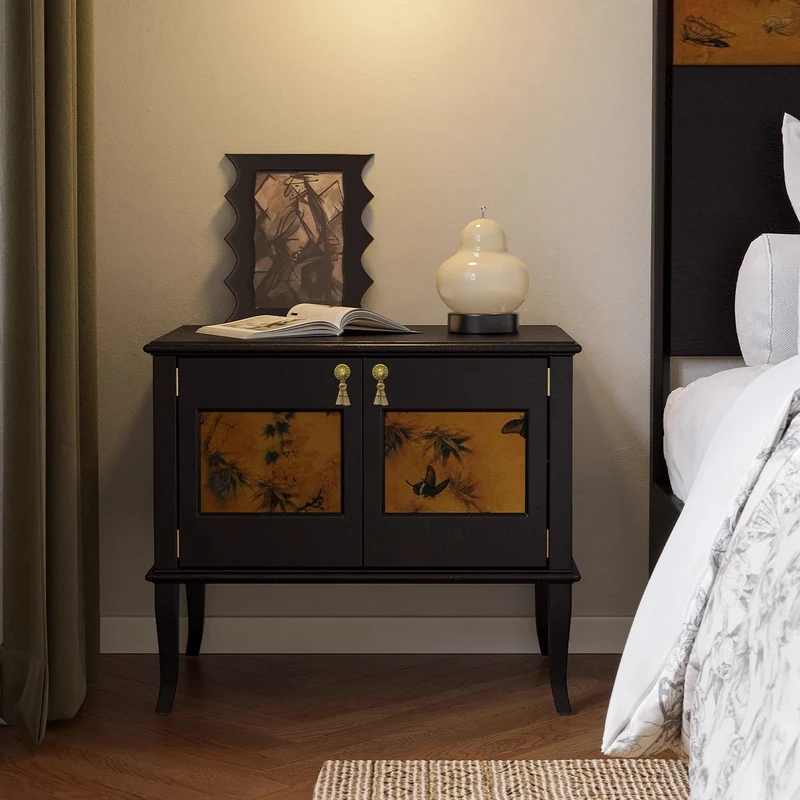 Traditional Vintage Square White Ash Wood Plywood Xiangyunsha Silk Nightstand 1-Cabinet/2-Drawer For Bedroom
