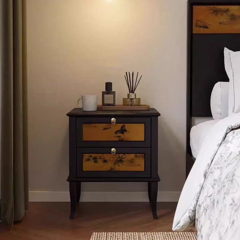 Traditional Vintage Square White Ash Wood Plywood Xiangyunsha Silk Nightstand 1-Cabinet/2-Drawer For Bedroom