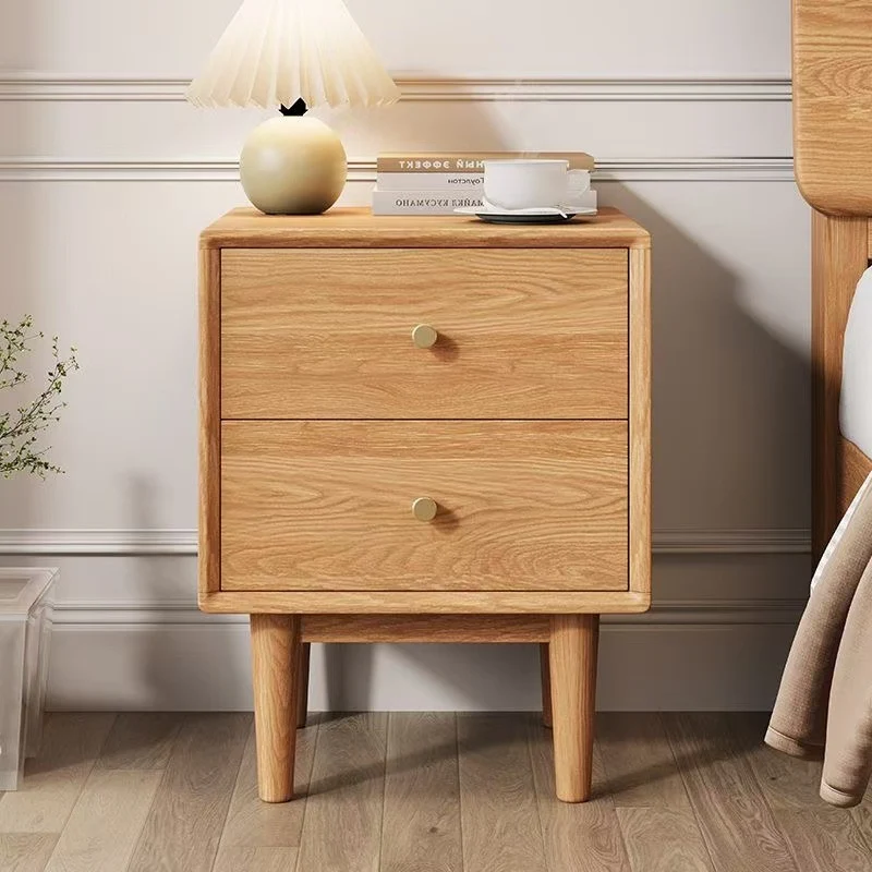 Modern Minimalist Rectangular Rubberwood Nightstand 4-Leg 2-Drawer For Bedroom