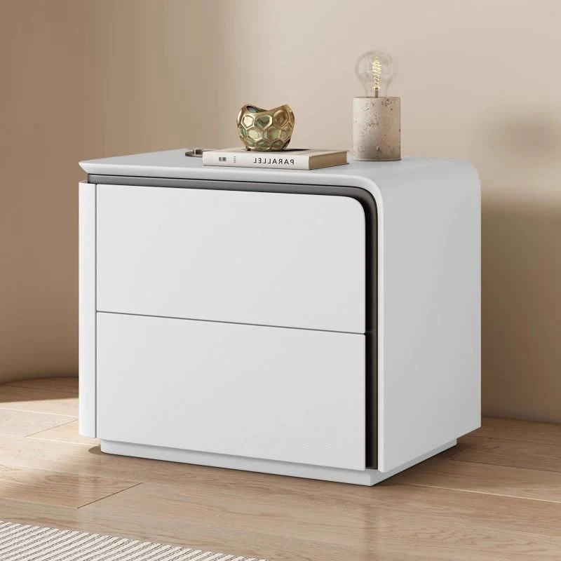 Modern Minimalist Rounded-Edge Microfiber Leather Pine Wood Nightstand 2-Drawer For Bedroom