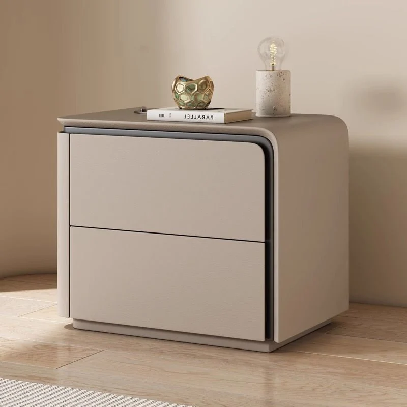 Modern Minimalist Rounded-Edge Microfiber Leather Pine Wood Nightstand 2-Drawer For Bedroom
