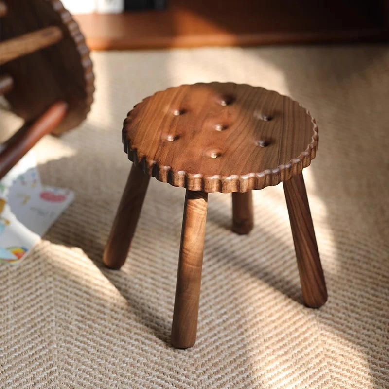 Contemporary Nordic Round Cookie Black Walnut Low Stool For Living Room