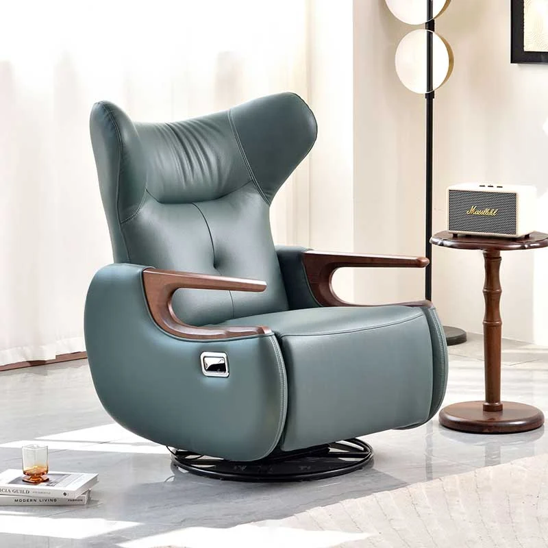 Contemporary Multi-Functional Swivel Recliner Chair - Eco Leather With Oak Armrests For Living Room