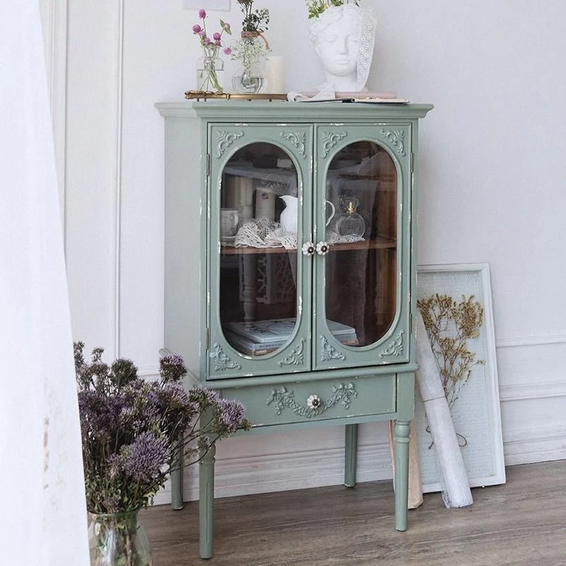 Traditional French Carved Design Rectangular Plywood Glass Side Table 1-Cabinet For Living Room