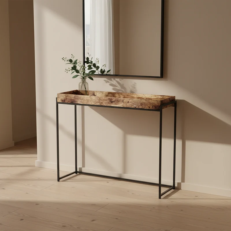 Traditional Vintage Rectangular Solid Wood Iron Console Table 4-Leg For Entryways
