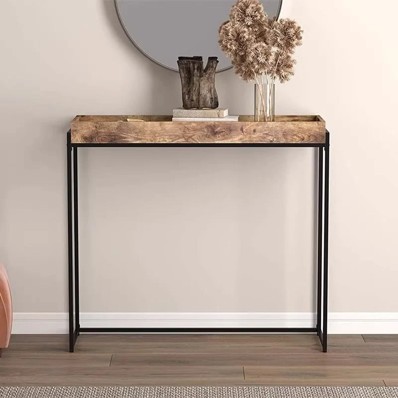 Traditional Vintage Rectangular Solid Wood Iron Console Table 4-Leg For Entryways