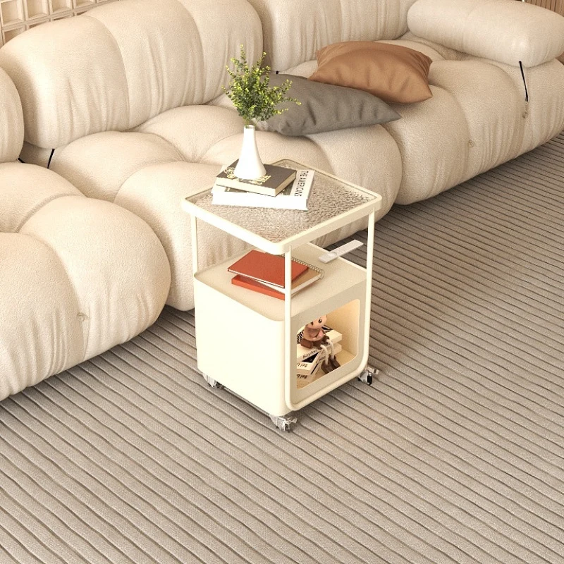 Modern Minimalist Rounded-Edge Design Tempered Glass Wrought Iron Movable Side Table 3-Tier For Living Room