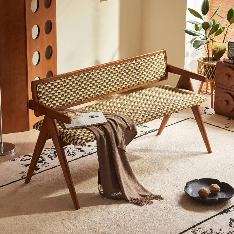 Traditional Rustic Rectangular Ash Wood Plywood Fabric Sponge Bench Backrest Armrest For Living Room