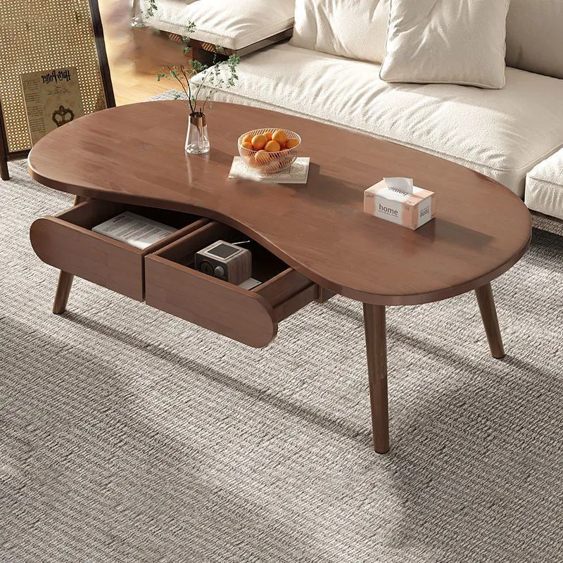 Modern Minimalist Cashew Shaped Rubberwood Coffee Table 2-Drawer For Living Room