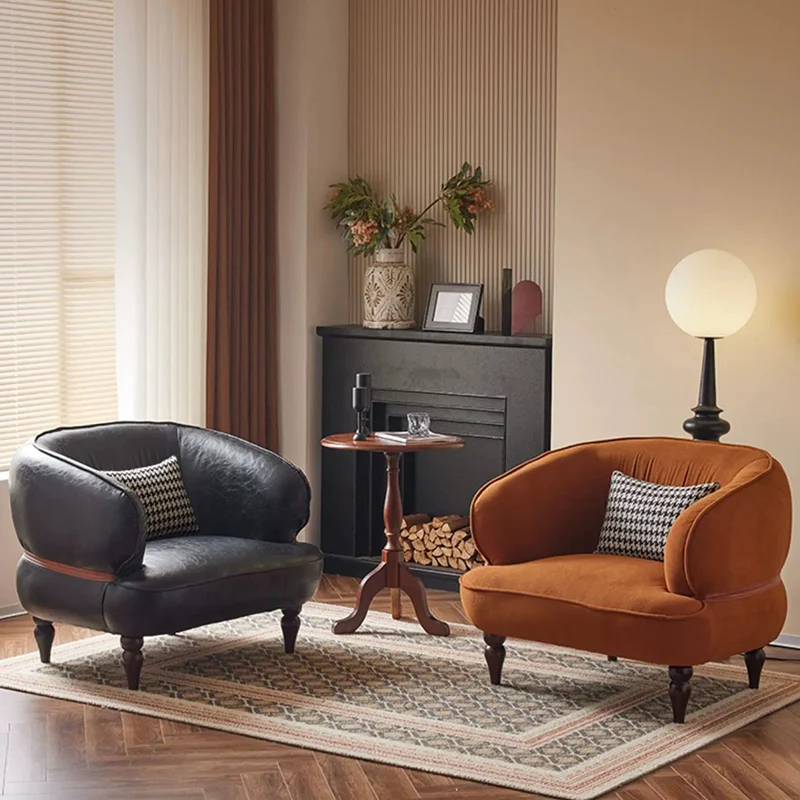 Traditional Vintage Oil Wax Leather Corduroy Soild Wood Accent Chair With Backrest Armrests For Living Room