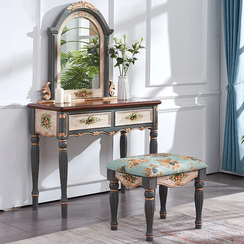Victorian Wood Vanity Set with Stool and Mirror in Antique Oak Vanity