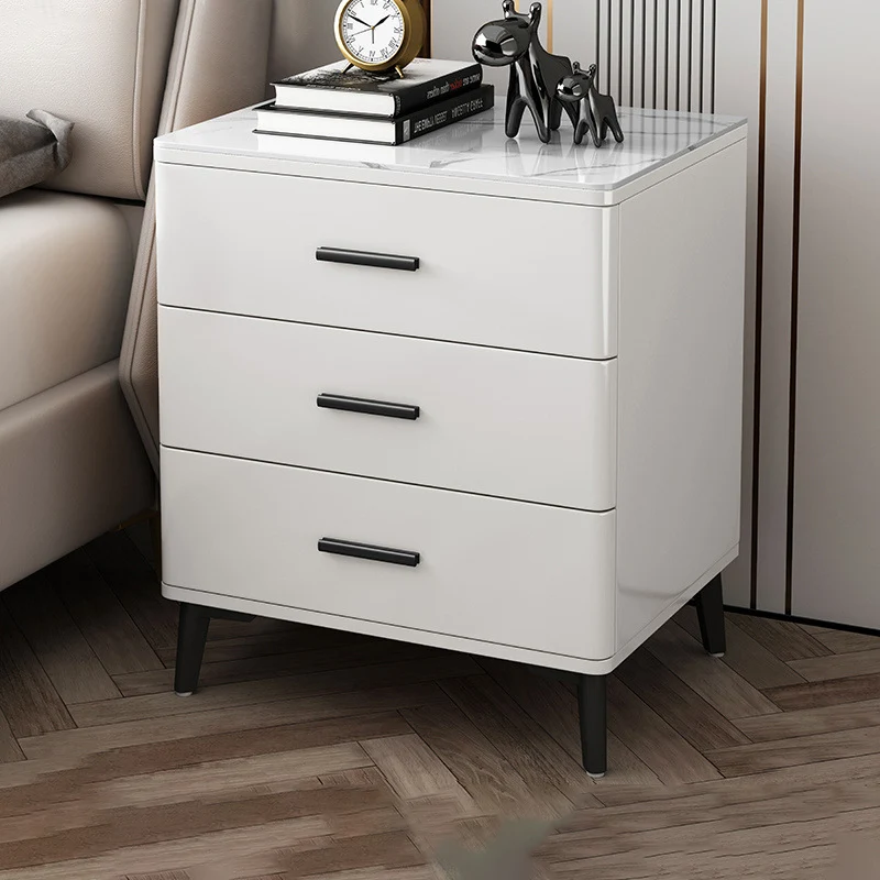 Modern Luxury Sintered Stone Rubberwood Rounded Rectangular Cylindrical Nightstand With 3 Drawers For Bedroom