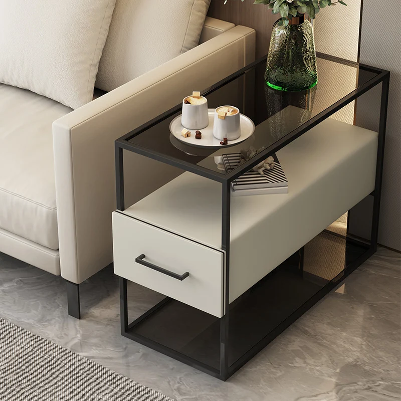 Contemporary Scandinavian Tempered Glass Carbon Steel MDF Rectangular Side Table 3-Tier For Living Room