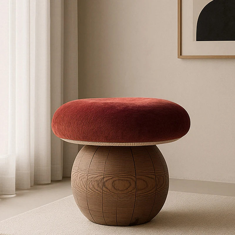 Modern Minimalist Mushroom-Shaped Ash Wood Fabric Low Stool Foam Cushion For Living Room