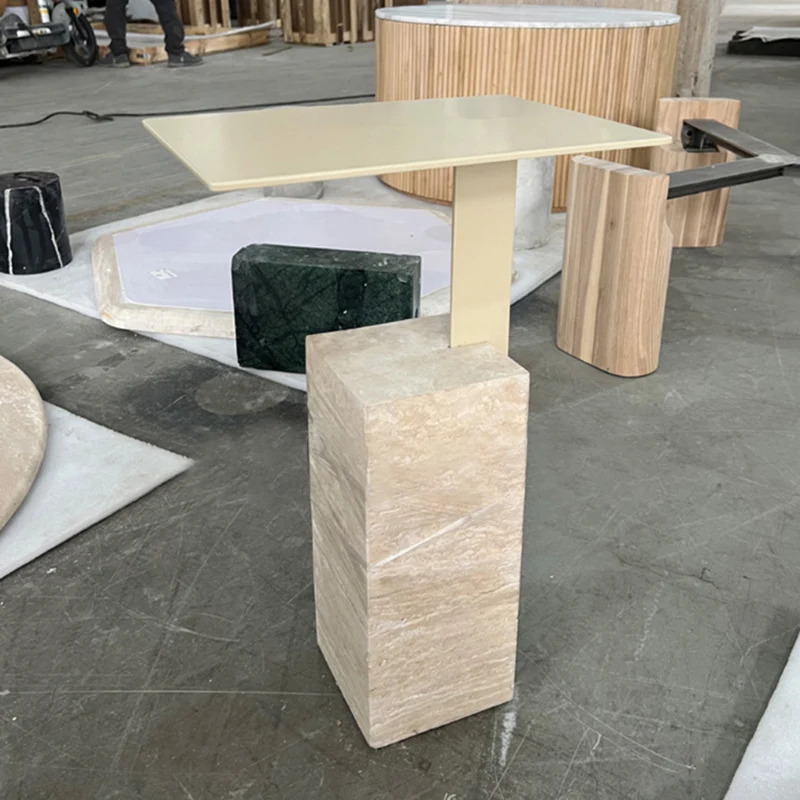 Contemporary Creative Square Carbon Steel Travertine Side Table 1-Tier For Living Room