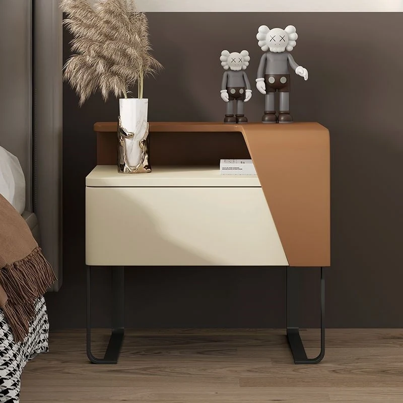 Contemporary Nordic Rectangular Carbon Steel Engineered Wood MDF Nightstand 1-Drawer For Bedroom