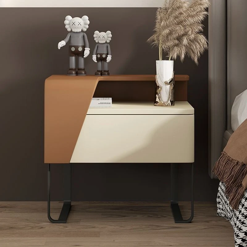 Contemporary Nordic Rectangular Carbon Steel Engineered Wood MDF Nightstand 1-Drawer For Bedroom