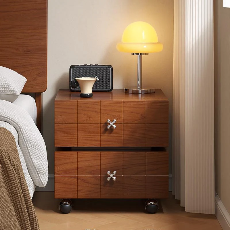 Traditional Vintage Rotatable Rectangular Pine Wood Plywood Stainless Steel Movable Nightstand 2-Drawer For Bedroom