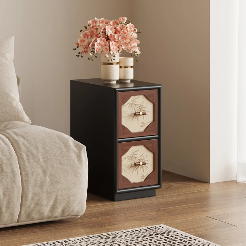 Traditional Chinese Narrow Rectangular Plywood Pine Wood Nightstand 2-Drawer For Bedroom
