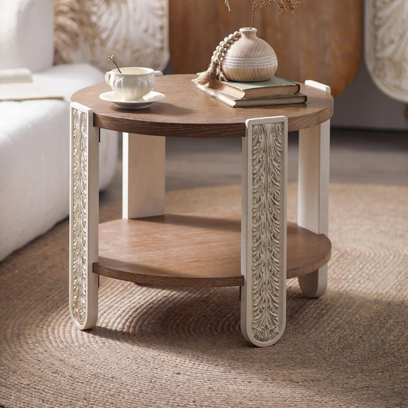 Traditional European Carved Round Pine Wood MDF Coffee Table 2-Tier For Living Room