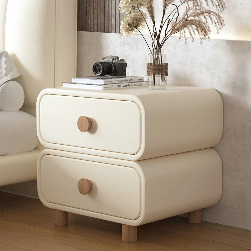 Modern Minimalist Rectangular MDF Microfiber Leather Solid Wood Nightstand 2-Drawer For Bedroom