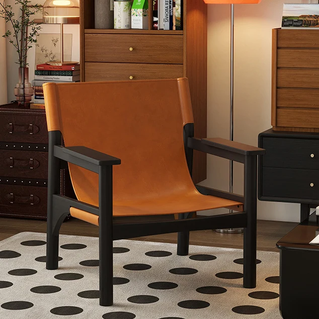 Modern Mid-century Saddle-Style Faux Leather Ash Wood Rectangular Accent Chair Backrest Armrest For Living Room