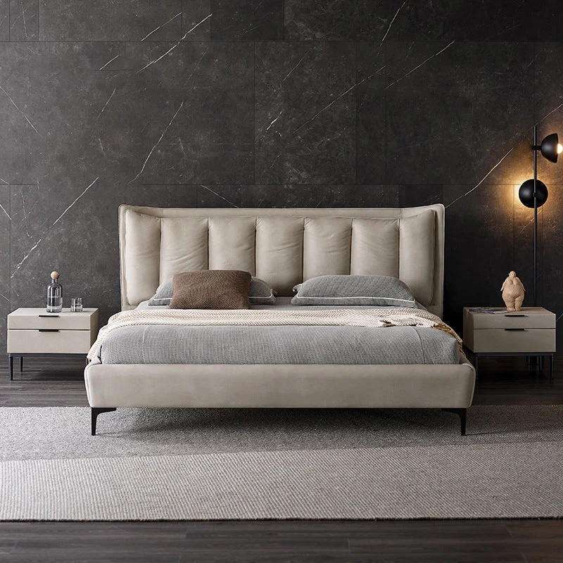 Contemporary 44.49-inch H Faux Leather Wingback Bed with Headboard