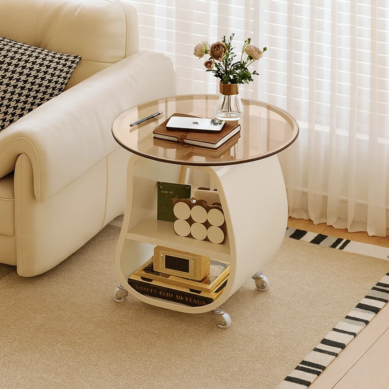 Contemporary Scandinavian Round Iron Plywood Tempered Glass Side Table 2-Tier For Living Room