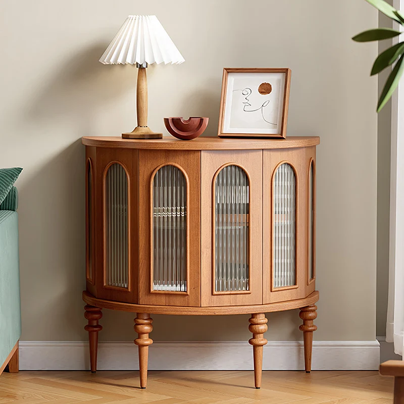 Traditional Vintage Semi-Circular Cherry Wood Plywood Acrylic Sideboard 1-Cabinet For Dining Room