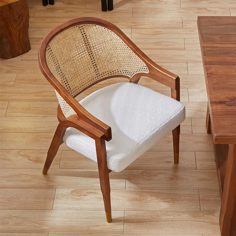 Traditional Vintage Rectangular Seat Cushion Ash Wood Rattan Cotton Linen Sponge Dining Chair Backrest Armrest For Dining Room