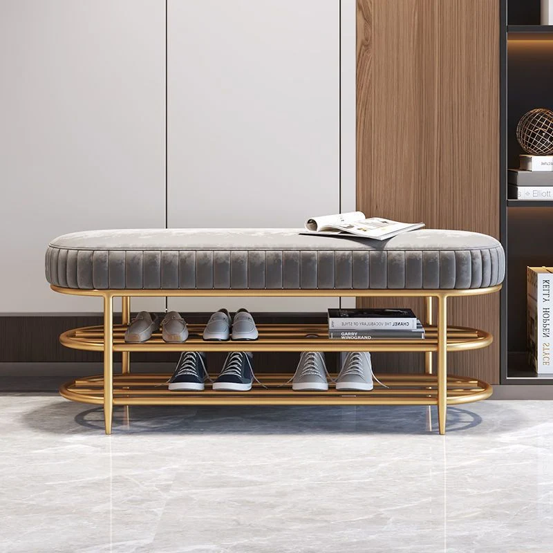 Contemporary Luxury Oval Iron Crystal Velvet Storage Shoe Bench 2-Tier For Entryways
