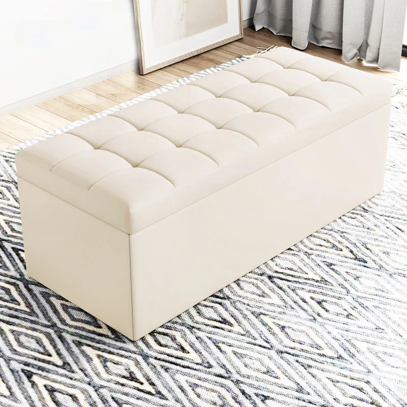 Modern Minimalist Rectangular PU Leather Faux Wood Panel Storage Bench For Living Room