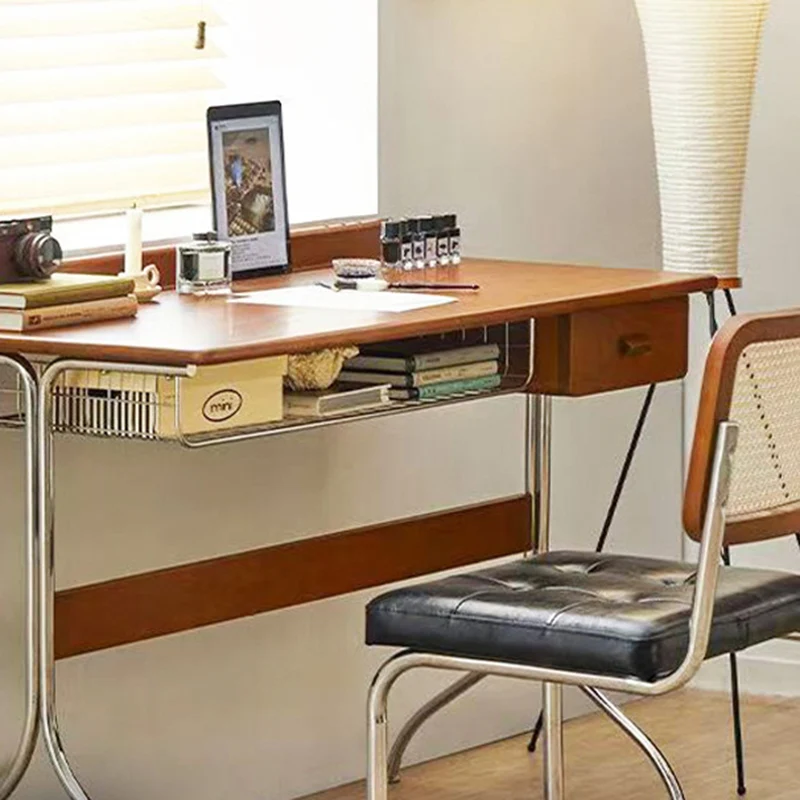 Traditional Vintage Rectangular Rubberwood Stainless Steel Desks 1-Drawer For Home Office