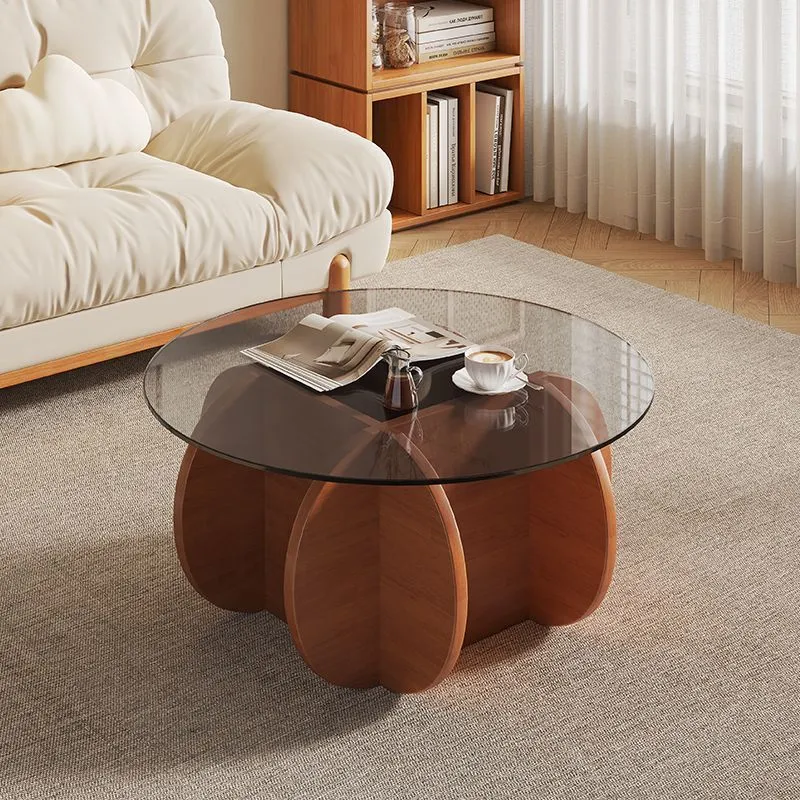 Modern Minimalist Round Tempered Glass Solid Wood Multi-layer Board Coffee Table 1-Tier For Living Room