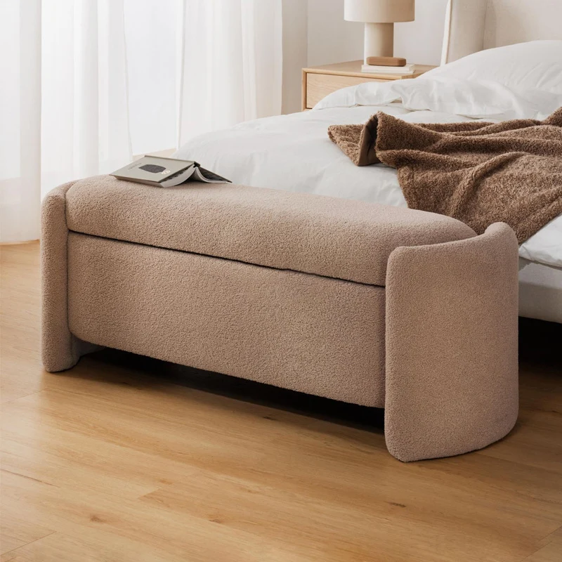Modern Minimalist Rectangular Teddy Fleece Pine Wood Sponge Footstool For Living Room