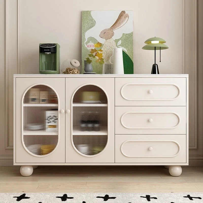 Contemporary Scandinavian Rectangular Medium-Density Fiberboard Particleboard Sintered Stone Fluted Glass Sideboard 1-Cabinet 3-Drawer For Living Room