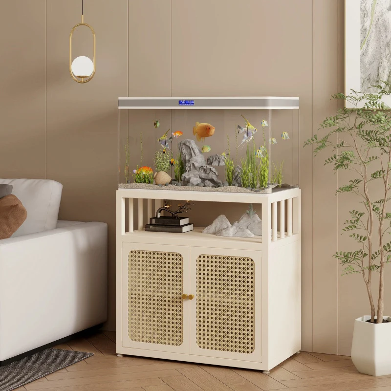 Traditional Chinese Square Carbon Steel Tempered Glass PE Rattan Side Table 1-Cabinet 1-Tier For Living Room