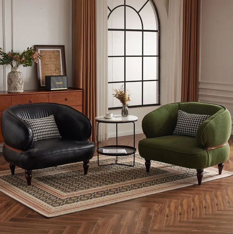 Traditional Vintage Oiled Wax Leather Corduroy Solid Wood Curved Semi-Enclosed Lounge Chair With Backrest & Armrests For Living Room
