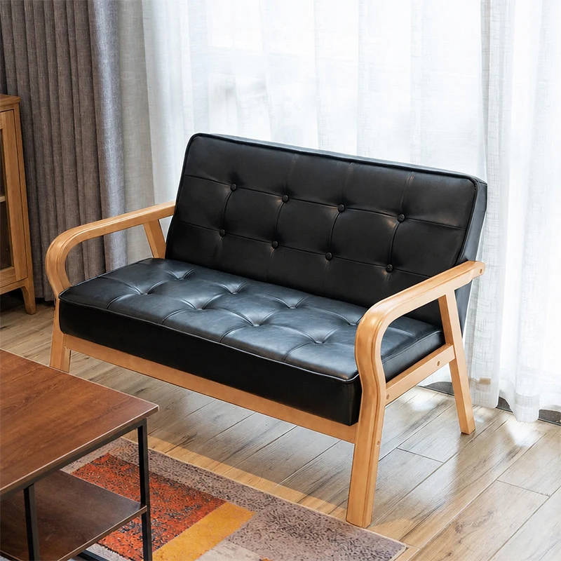 Traditional Vintage Oiled Wax Leather Solid Wood Plywood Rectangular Rounded Sofa 2-Seater With Armrest Backrest For Living Room