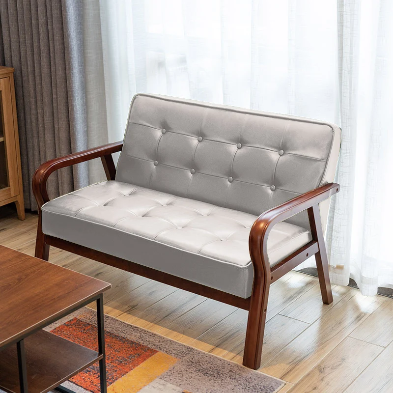 Traditional Vintage Oiled Wax Leather Solid Wood Plywood Rectangular Rounded Sofa 2-Seater With Armrest Backrest For Living Room