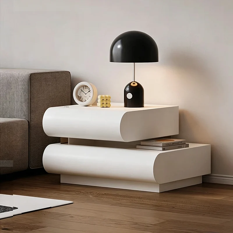 Contemporary Creative Microfiber Leather Eco-Friendly Engineered Wood Curved Square Nightstand 2-Drawer For Bedroom