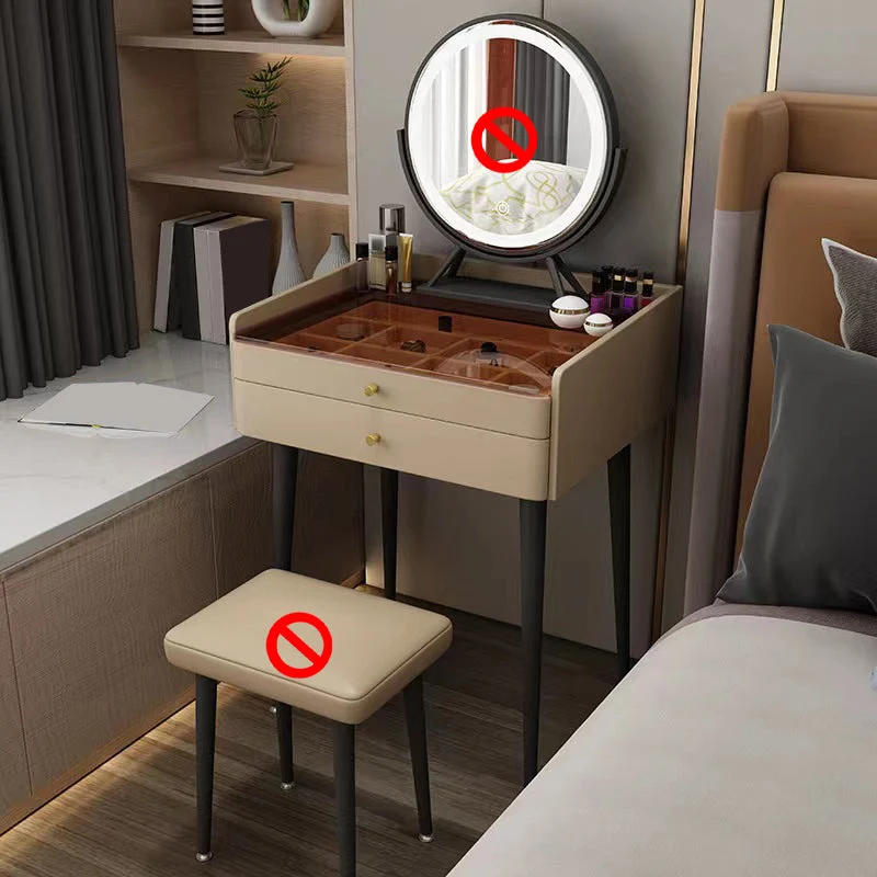 2 Storage Drawers Vanity Set Glass Top Jewelry Dressing Table with Padded Stool