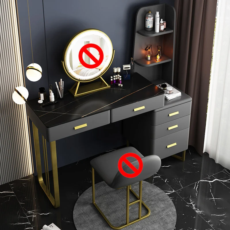 5 Wood Drawers Vanity Set with Stool in Grey Stone Top Dressing Table