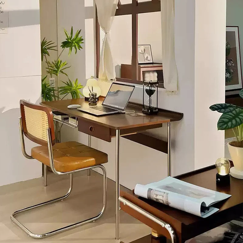 Modern Minimalist Rectangular Rubberwood Stainless Steel Desk 4-Leg 1-Drawer For Home Office